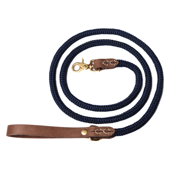 6 Foot Nautical Navy Leash W/ Leather Handle & Gold Accents