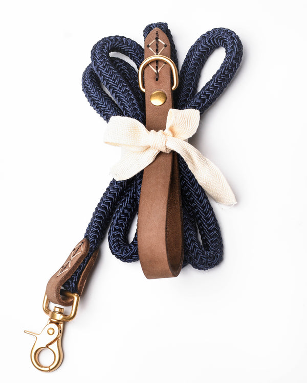 6 Foot Nautical Navy Leash W/ Leather Handle & Gold Accents